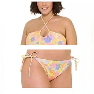 Ninety-Nine Bandeau Yellow Retro Halter Tankini/Swim Full Coverage Bikini, XXL